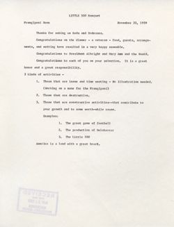 "Notes for Remarks Little 500 Banquet." -Frangipani Room November 22, 1959