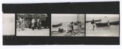 Item 0543. Various shots of Kimbrough and others in and around sailboats and canoes. Location probably the same as for items 536-540 above. 3 1/3 contact prints on a strip.