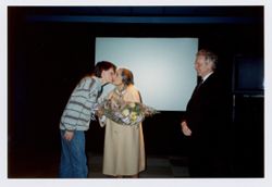 Elisabeth Welch kissing Stephen Bourne during induction