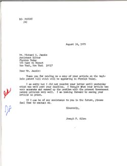 Letter from Joseph P. Allen to Michael E. Jacobs of Physics Today, August 24, 1979