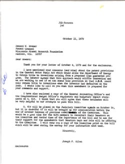 Letter from Joseph P. Allen to Howard W. Bremer of the Wisconsin Alumni Research Foundation, October 22, 1979