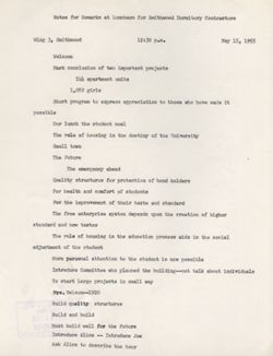 "Notes for Remarks Smithwood Dormitory Contractor's Luncheon." -Wing 3 Smithwood May 15, 1955