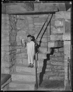 Boy on stairway at lodge