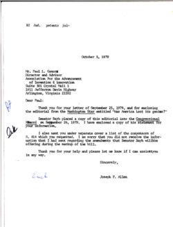 Letter from Joseph P. Allen to Paul L. Gomory of the Association for the Advancement of Invention and Innovation, October 5, 1979