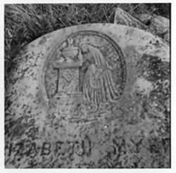 Mourning woman carrying wreath. Masonic emblem on monument