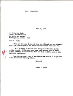 Letter from Joseph P. Allen to Arthur R. Whale of Eli Lilly and Company, June 20, 1979