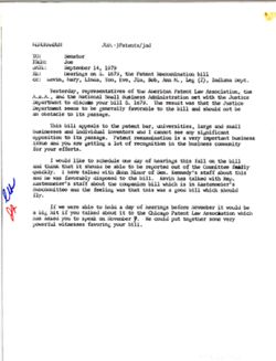 Memo from Joe to Senator re Hearings on S. 1679, the Patent Reexamination bill, September 14, 1979