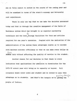 Statement Regarding Room and Board Rates at IU, 19 May 1975