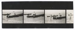 Item 0544. Various shots of Kimbrough and others in and around sailboats and canoes. Location probably the same as for items 536-540 above. 3 1/3 contact prints on a strip.