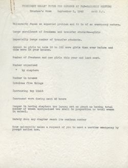 "President Wells' Notes for Remarks at Pan-Hellenic Meeting." -Indiana University Trustee's Room. Sept. 1, 1942