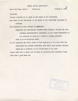 "Notes for Remarks Dental Alumni Association." -Union Building Room D October 8, 1954