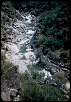 Canyon of Kaweah river - Wooden acqueduct leads off at right. California.