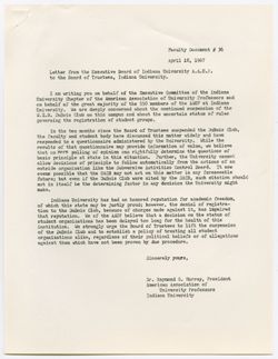36: Letter from the Executive Board of Indiana University AAUP to the Board of Trustees Concerning the W.E.B DuBois Club, 18 April 1967