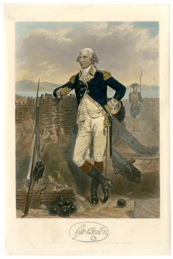 George Clinton, in uniform standing in a military scene with cannonballs, cannon, and gun