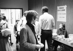 ID card table at IU South Bend registration, 1980