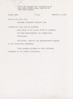 "Notes for Remarks for Introduction of Dr. James Luther Adams, Religion in Life Week." -Indiana University Alumni Hall. Dec. 4, 1949
