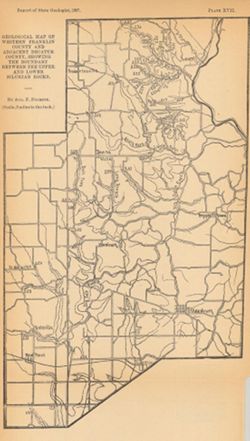 Geological map of western Franklin County and adjacent Decatur County, showing the boundary between the upper and lower Silurian rocks