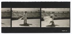 Item 0349c. Various shots of Alexandrov in the arena, making passes with a cape. Empty stands in background. 2 ½ prints on each strip.