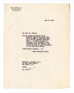 9 June 1938: To: Charles A. Whelan. From: Ben Foster, Jr.