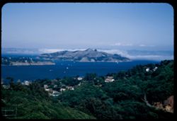 Angel Island with fog bank in north bay from height back of Sausalito. California.