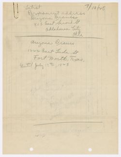 Handwritten note with permanent and temporary addresses for Dranes, July 10, 1928