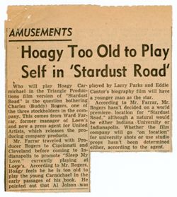 Newspaper clipping: Hoagy Too Old to Play Self in Stardust Road,undated
