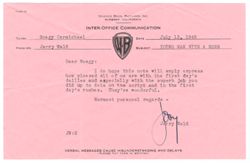 Wald, Jerry (Warner Bros Inter-Office Communication) to Carmichael, Hoagy, about Young Man with a Horn,Jul. 13, 1949