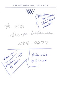 "7/8, 5:39, Senator Lieberman" [Hamilton’s handwritten notes], July 8, 2004, 5:39 PM