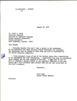 Letter from Birch Bayh to Ralph Davis of the Purdue Research Foundation, August 30, 1979