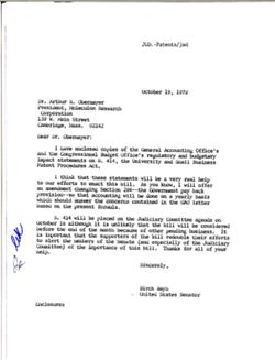 Letter from Birch Bayh to Arthur S. Obermayer of Moleculon Research Corporation, October 19, 1979