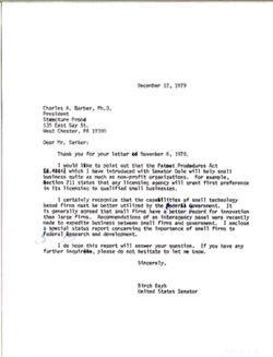 Letter from Birch Bayh to Charles A. Barber of Structure Probe, December 12, 1979