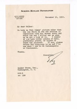 16 November 1950: To: Walker Stone. From: Roy W. Howard.