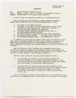 09: Resolution from Professor Wesley Salmon Concerning the Establishment of the Campus Safety Committee, ca. 01 October 1968