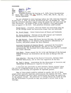 Memo from Joe to Senator re Proposed Witnesses for hearing on S. 1679, Patent Reexamination, November 9, 1979