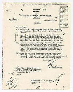 8 January 1952: To: John Edgar Hoover. From: Roy W. Howard.
