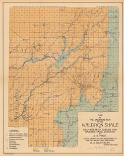 Map of the distribution of the Waldron shale in Decatur, Rush, Shelby, and Bartholomew counties, [Indiana]