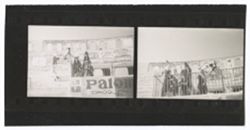 Item 0350. Two contact prints on a strip. Both show scenes of women in mantillas on upper level of stands in bullring. Eisenstein, other crew members, and camera in background.