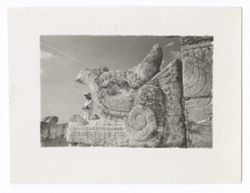 Item 1029. Various shots of individuals framed in the open jaws of one of the serpents at the entrance to the upper temple of the Temple of the Warriors. - Tissé