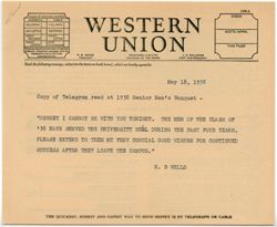 "Telegram to Senior Men's Banquet" -Indiana University May 18, 1938