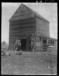 E.R. Cashon log tobacco shed on way to Murray, KY