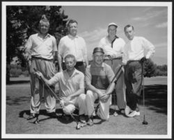 Hoagy Carmichael posing in group photo with five unidentified golfers at the Seniors' Invitational, at the Saticoy Country Club.