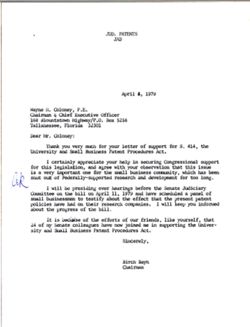Letter from Birch Bayh to Wayne H. Coloney of Machine Systems Design and Fabrication, April 3, 1979