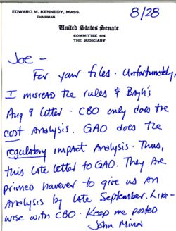Note to Joe Allen from John Minor conveying letters for Allen's files, August 28, 1979
