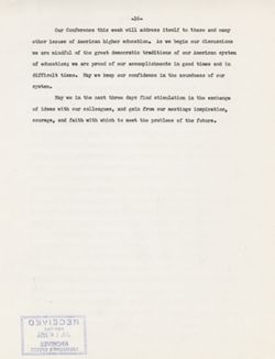 "The outlook for Higher Education in America 11th National Conference on Higher Education." -Congress Hotel, Chicago March 5, 1956