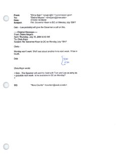 Email from Chris Kojm to Debra Meyers re FW: Governor Kean to DC on Monday July 19th? July 15, 2004, 10:50 AM
