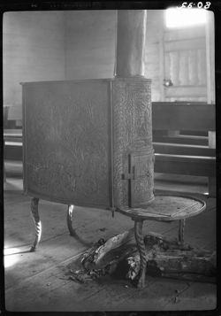 Old wood stove in Chambersville Church, on state road 46 out of Spencer