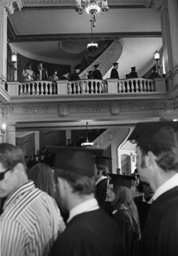 Crowd in Morris lobby IU South Bend Commencement, 1973