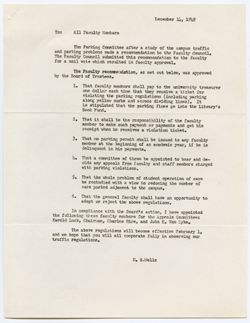Parking Committee Recommendations – Letter to All-Faculty, 14 December 1949