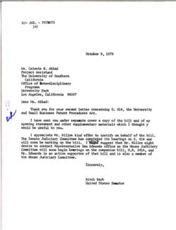 Letter from Birch Bayh to Celeste B. Akkad of UCLA, October 9, 1979