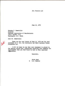 Letter from Birch Bayh to Brendan F. Somerville of the National Association of Manufacturers, June 20, 1979